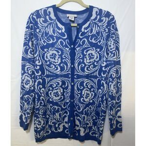 Lea Apparel Blue And White Floral Sweater Size Medium Button Up‎ Cardigan